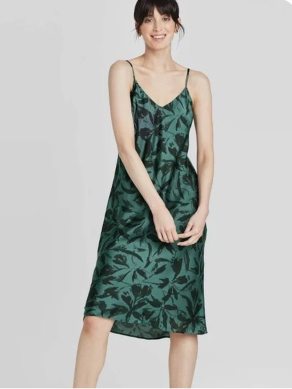 a new day Green Floral Satin Slip Dress with Adjustable Straps